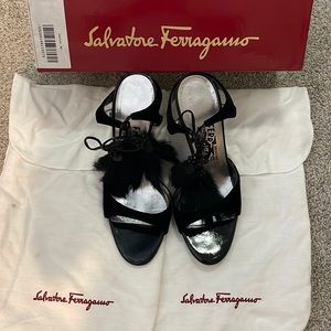 Salvatore Ferragamo velvet sandal with rabbit fur tassel ties.